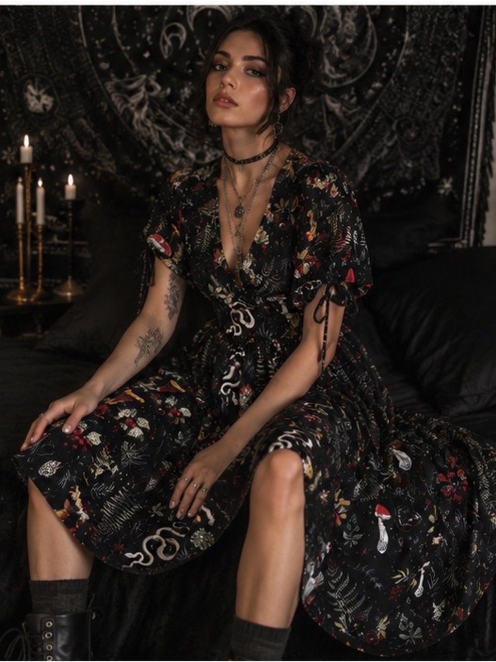 Black Botanical & Snake Print Wrap Midi Dress